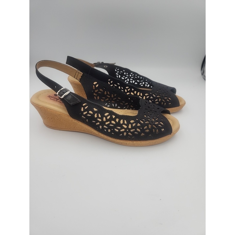 Spring Step Leather‎ Black Open Toes Heels Size 10.5